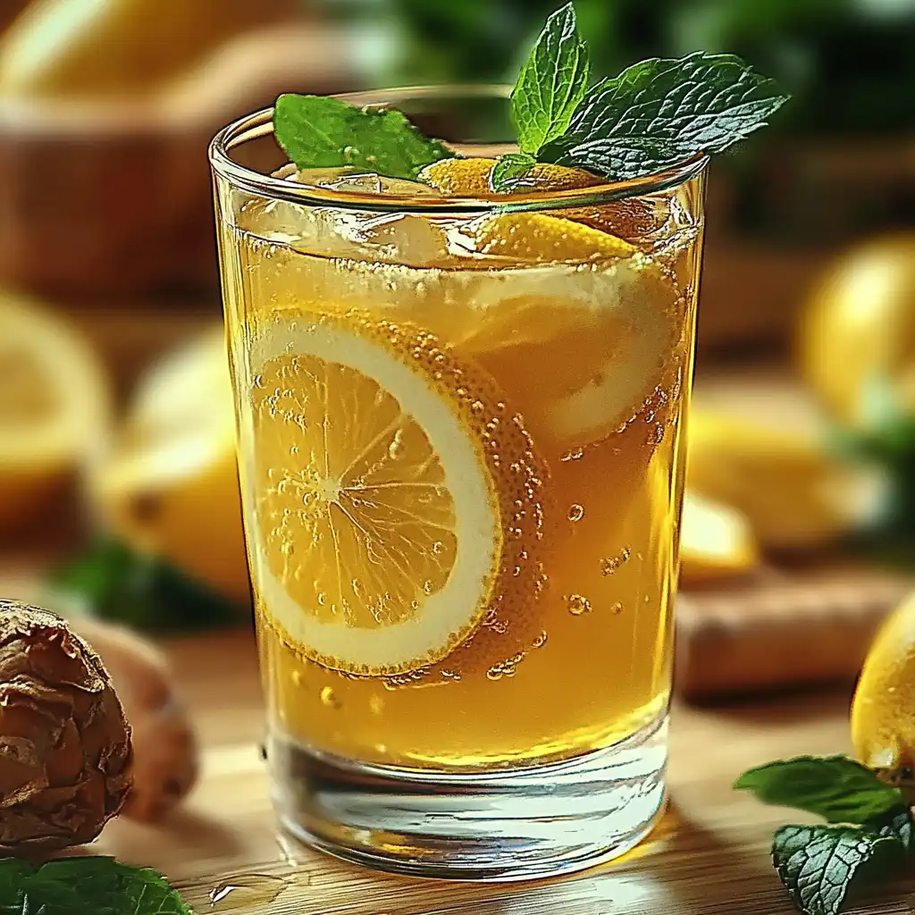 Glass of Brazilian Mounjaro Recipe with lemon slices, ginger, and mint