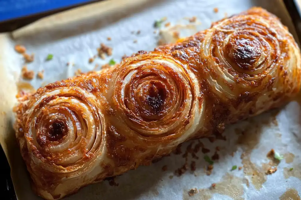 Sliced cheeseburger onion ring roll on wooden board