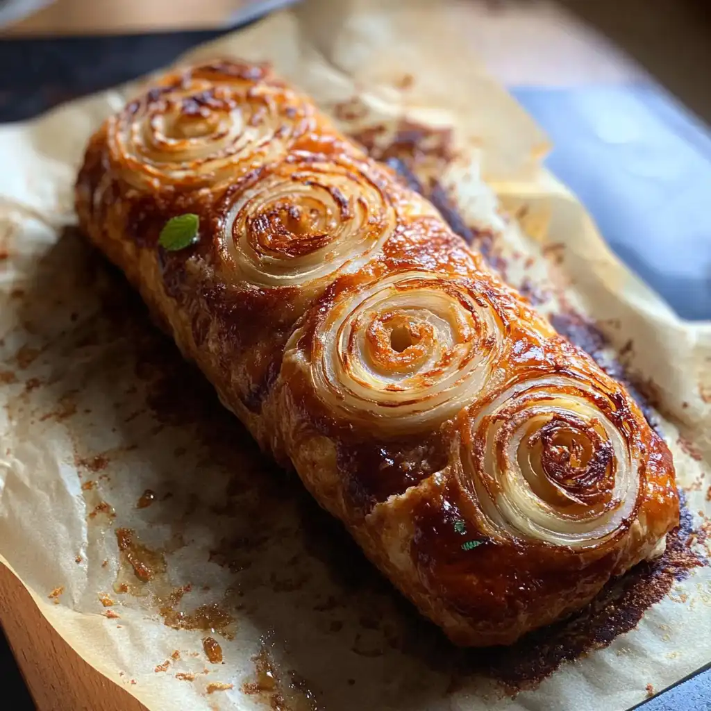 cheeseburger-onion-ring-roll Sliced cheeseburger onion ring roll on wooden board