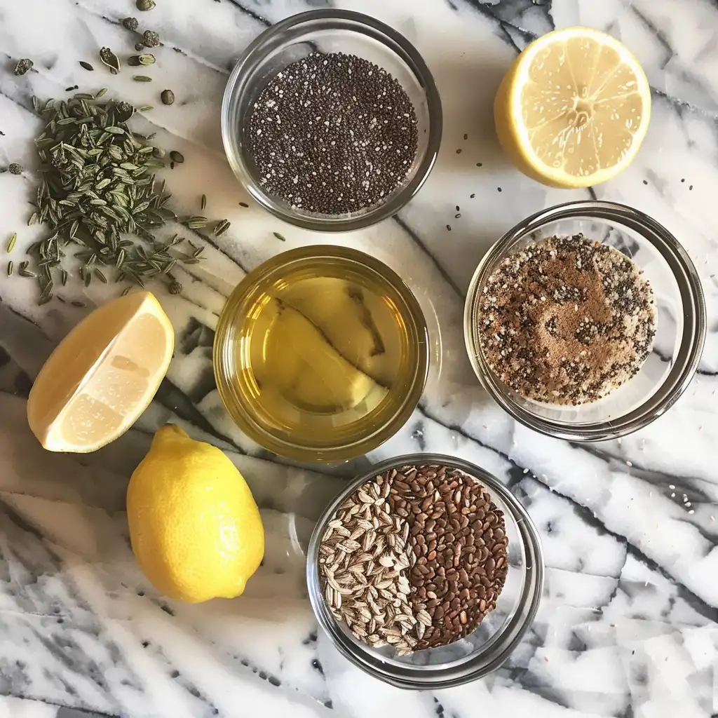 Bariatric seed mix ingredients on marble counter including lemon, oil, and dry seeds