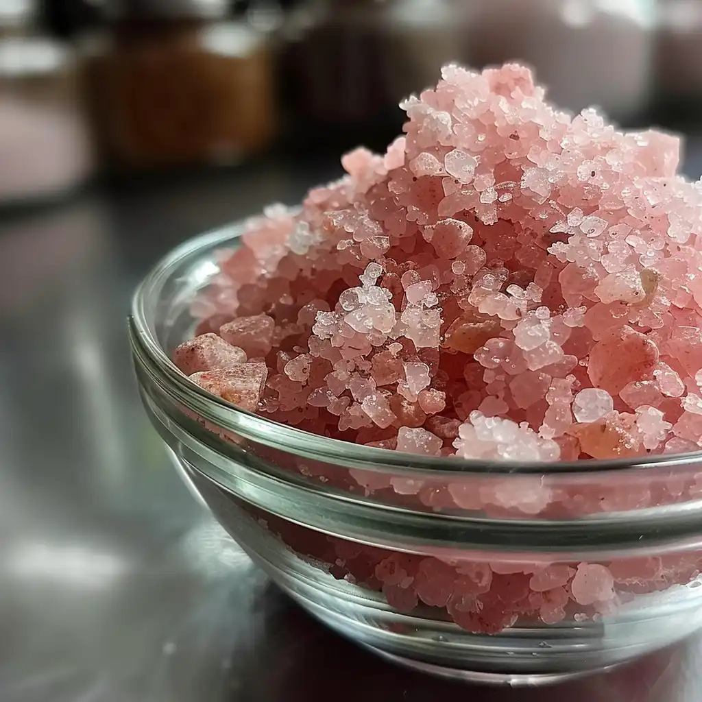Coarse pink Himalayan salt in a clear glass bowl on a dark surface