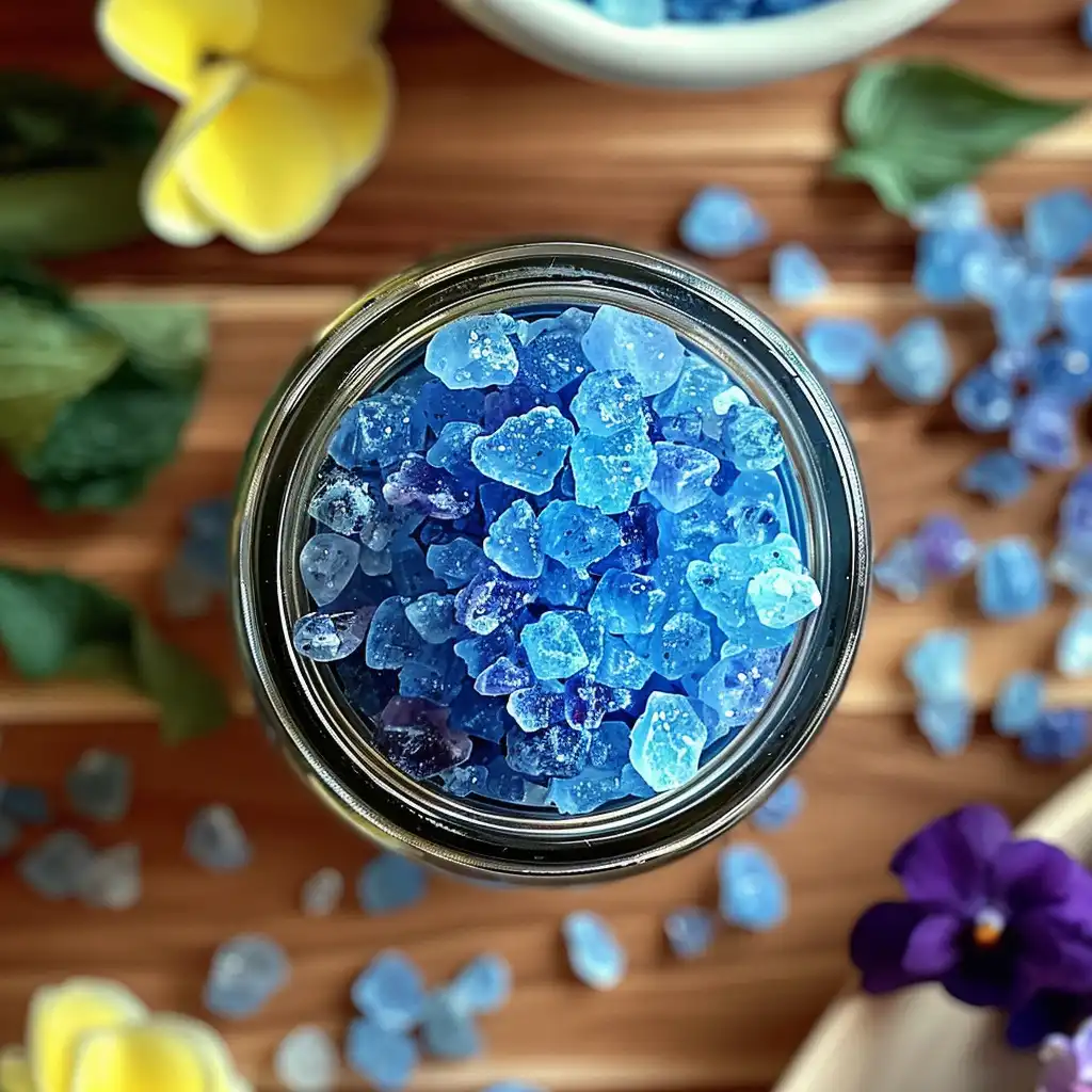 Glass of warm water with dissolving Persian blue salt crystals