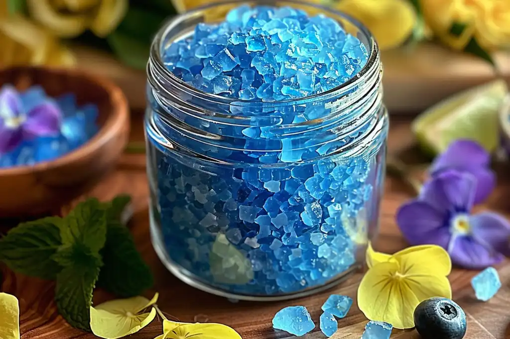 Blue salt trick recipe in a glass with blue salt crystals