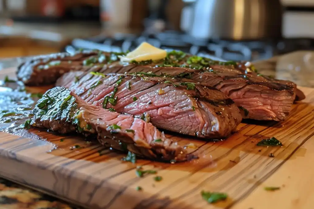 Denver steak cooked and sliced with butter and herbs