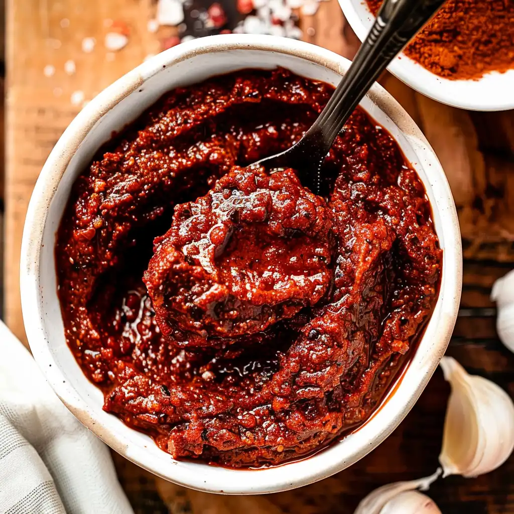 Thick and spicy Hello Fresh Tex Mex paste in a white bowl with black spoon