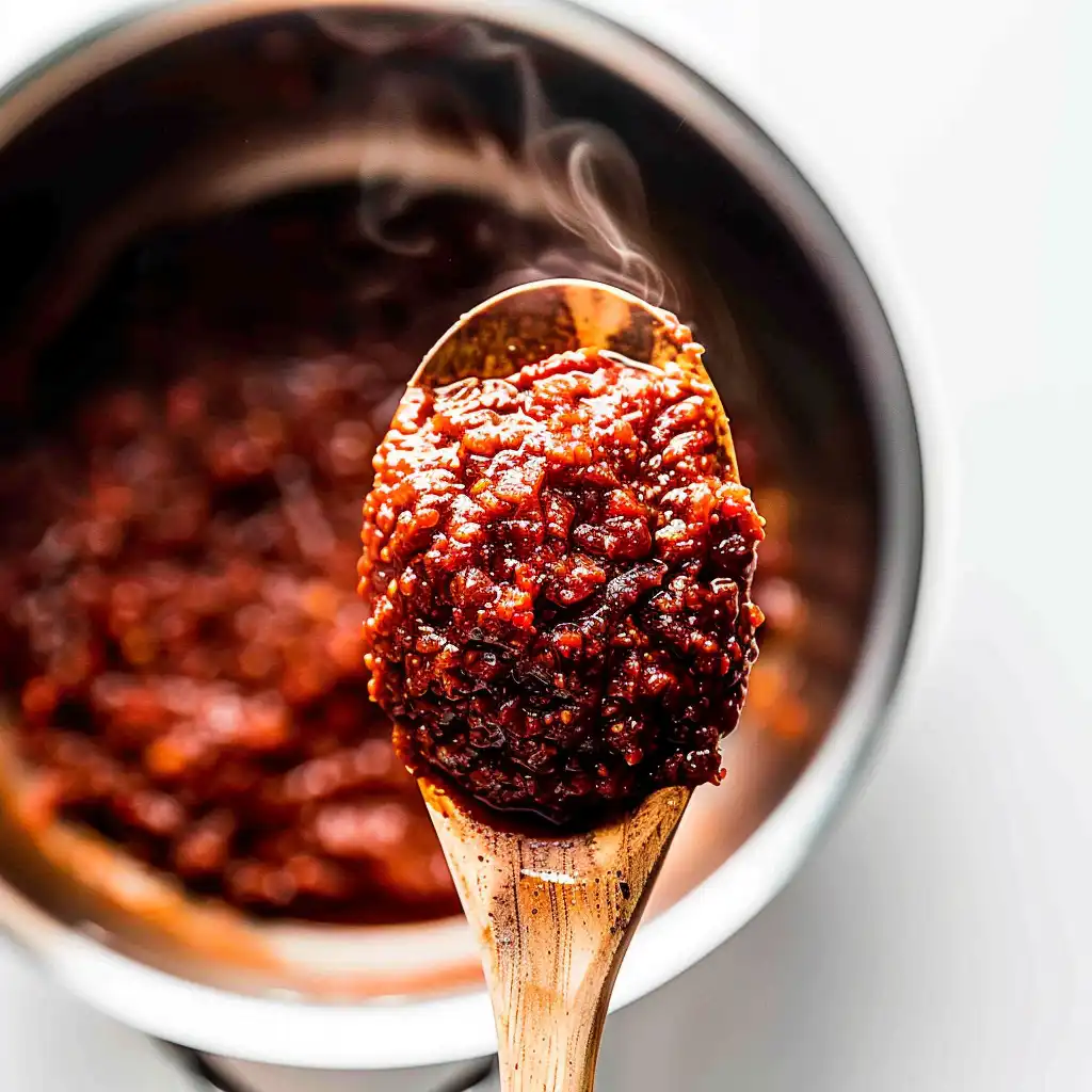 Hot homemade harissa on a wooden spoon above a cooking pot