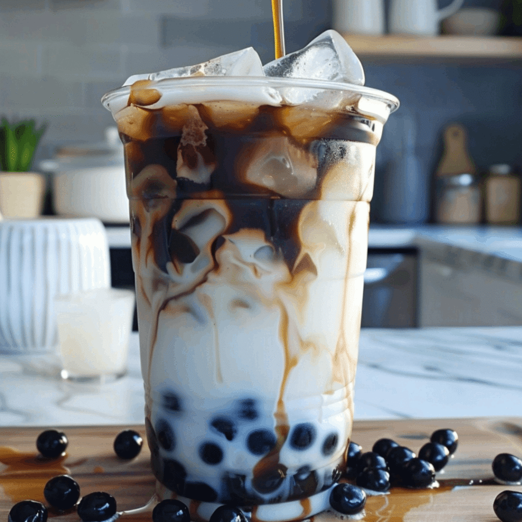 Steaming hot Hokkaido milk tea in a glass with creamy foam on top