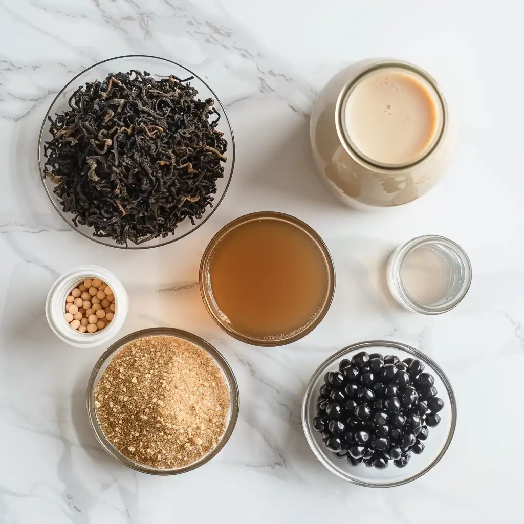 Ingredients for Hokkaido milk tea including black tea leaves, milk, brown sugar, and boba