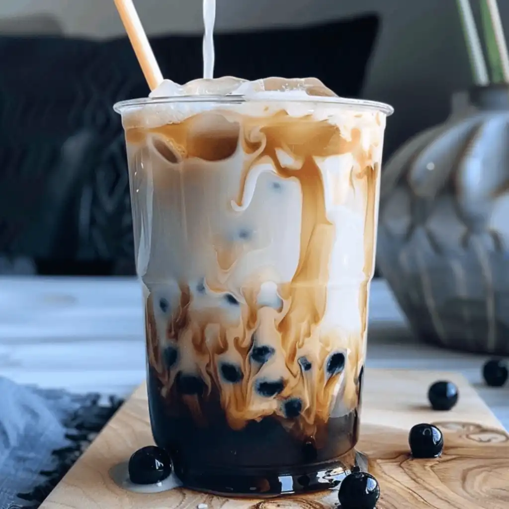 Hokkaido milk tea topped with boba, pudding, and jelly
