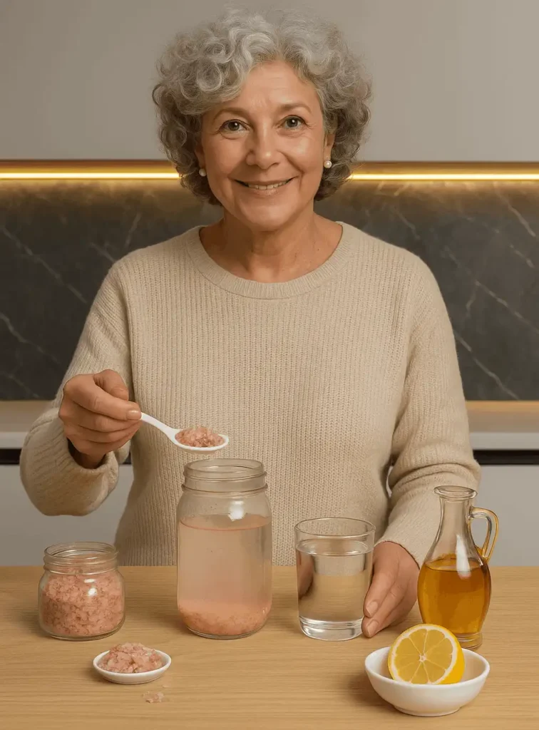 Smiling woman preparing pink salt Sole water with lemon and apple cider vinegar
