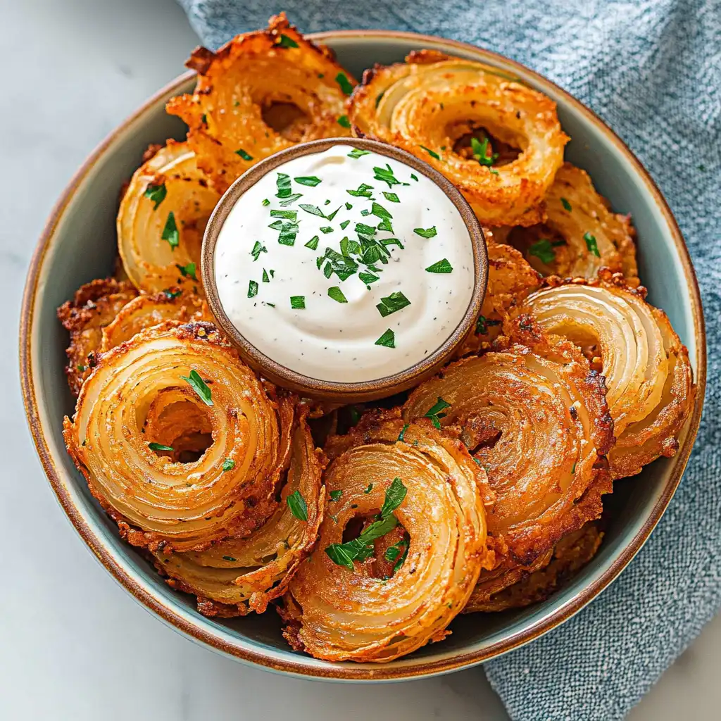 crispy parmesan onion rings served in a bowl with ranch dip