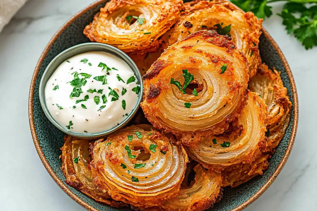 crispy golden parmesan onion rings stacked on a plate