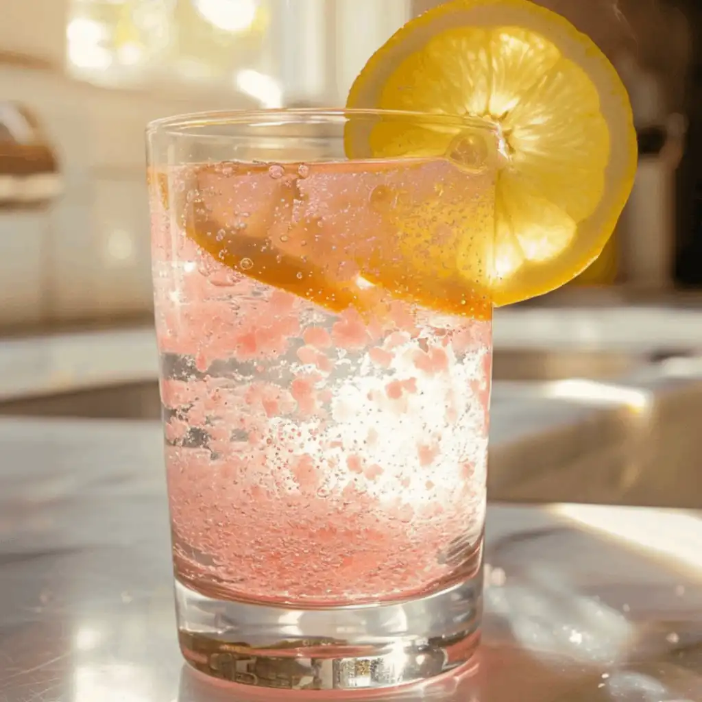 Glass of pink salt detox water with lemon slice on kitchen counter in morning light