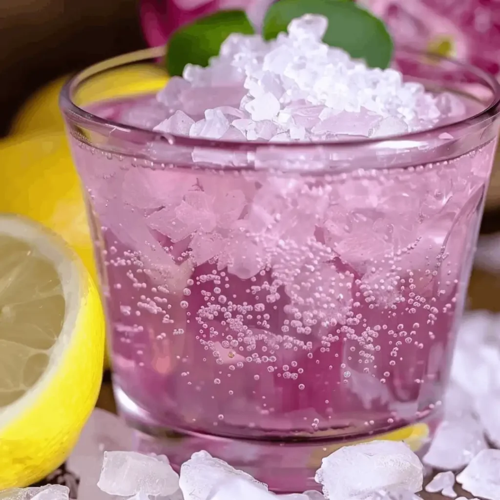 Sparkling pink salt detox drink with lemon slice and ice in a glass