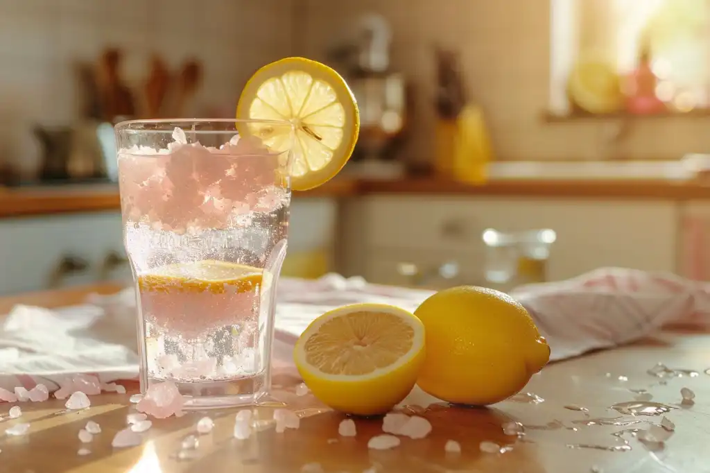 glass of pink salt water with lemon for weight loss