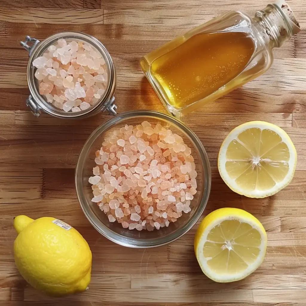 Ingredients for pink salt weight loss recipe on wooden counter