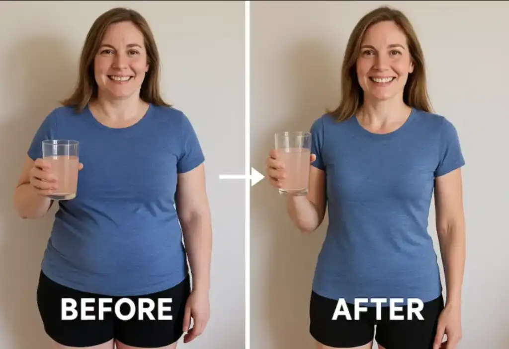 Woman holding pink salt detox drink in before and after weight loss photo