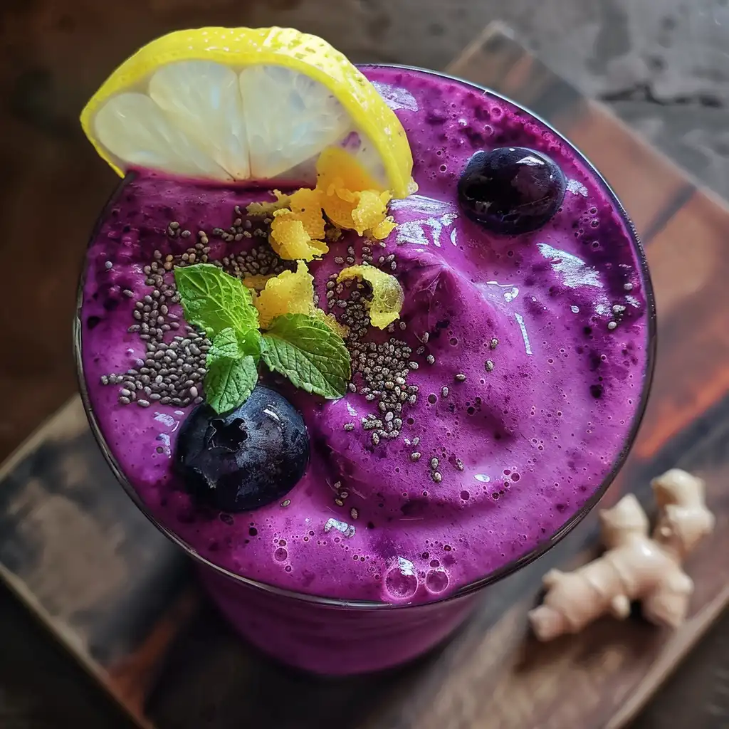 purple peel smoothie with lemon zest and mint