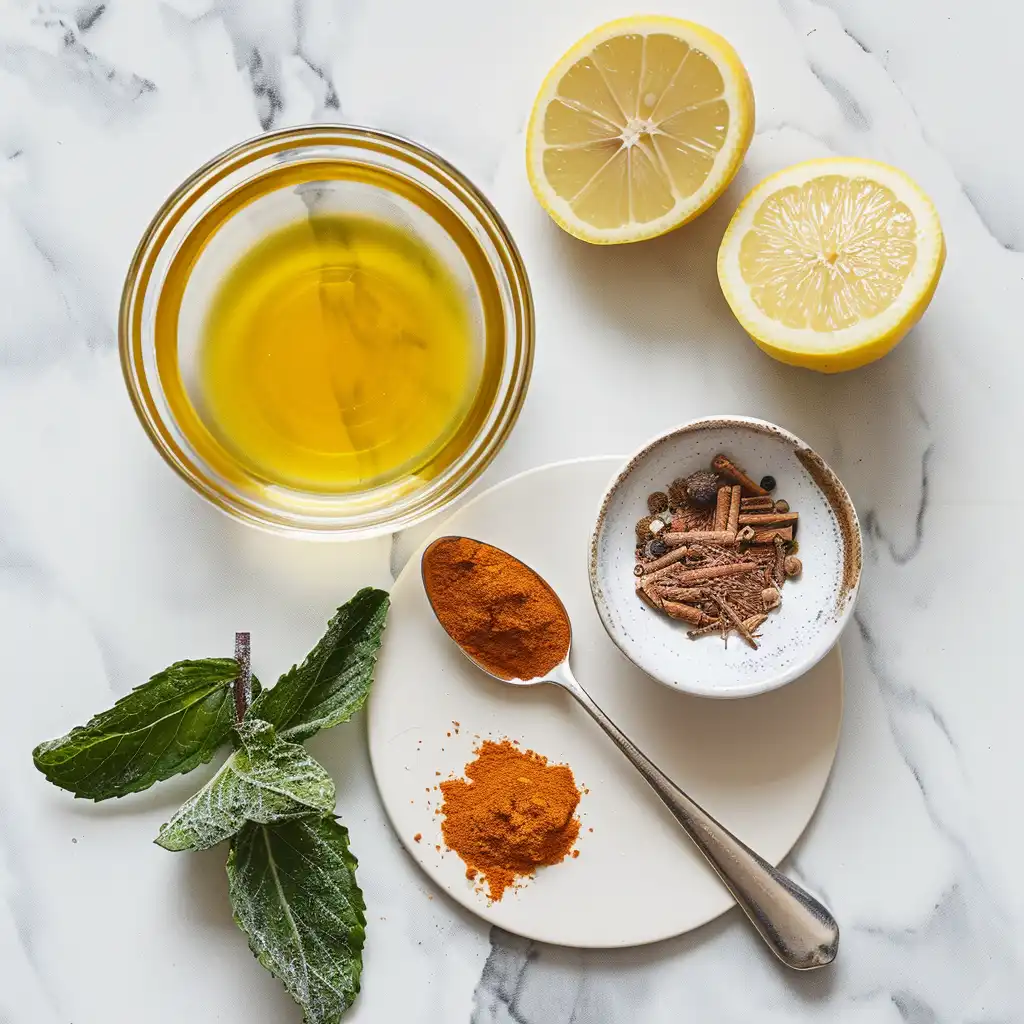 flat lay of Zepbound recipe drink ingredients with lemon, vinegar, cinnamon, and cayenne on marble surface
