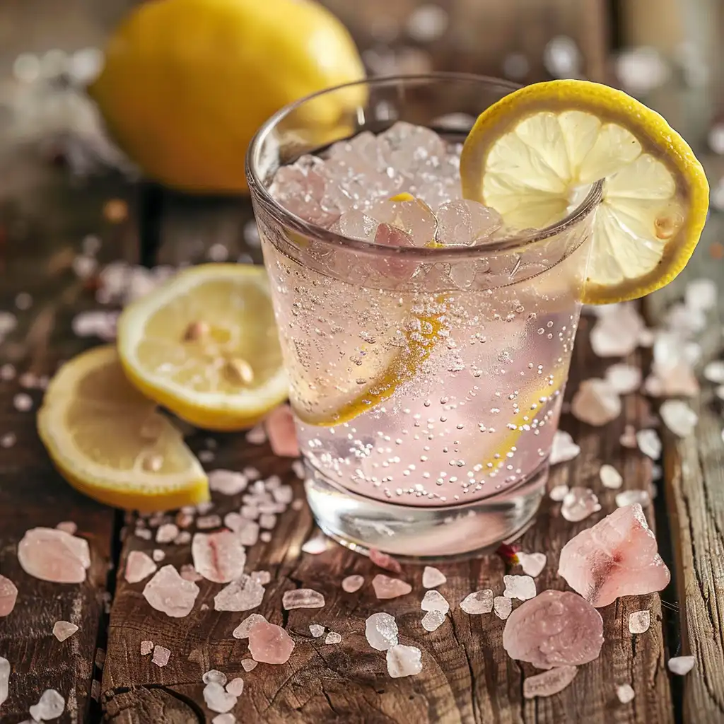 Glass of pink Himalayan salt water with lemon for weight loss